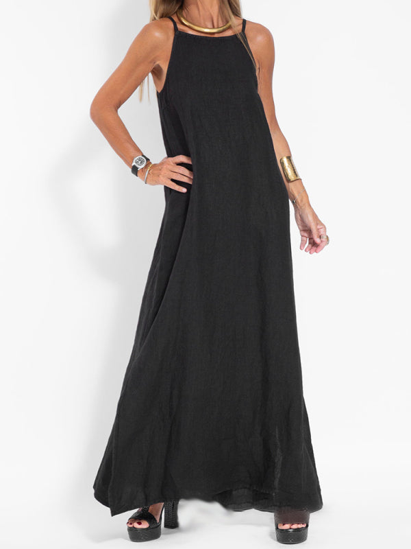 WW | Neues modisches lässiges Baumwoll- und Leinen-Trägerkleid mit Schlitz
