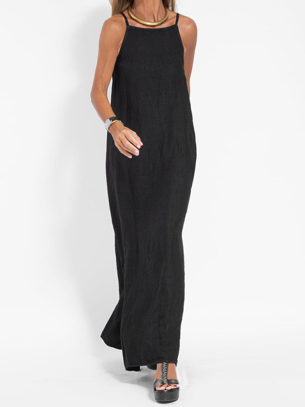 WW | Neues modisches lässiges Baumwoll- und Leinen-Trägerkleid mit Schlitz