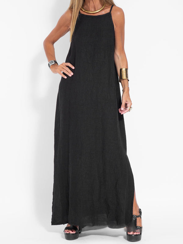 WW | Neues modisches lässiges Baumwoll- und Leinen-Trägerkleid mit Schlitz