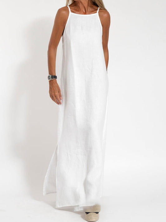 WW | New Fashion Casual Cotton and Linen Slit Strap Dress
