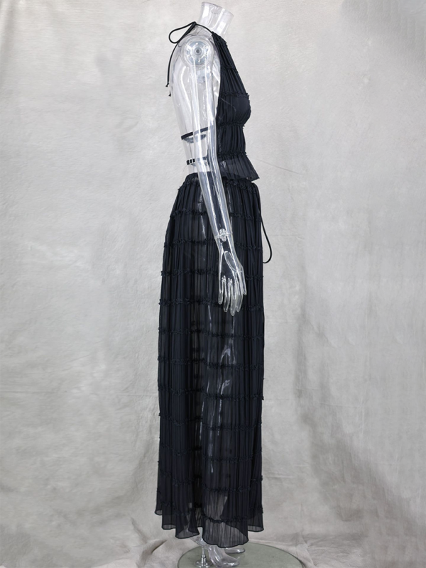 WW | Rückenfreies Schnür-Top-Set und zweiteiligem Chiffon-gefaltetem langen Rock mit Ohrringen