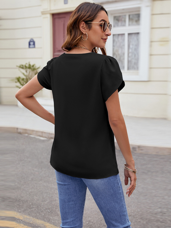 WW | Neues einfarbiges V-Ausschnitt Kurzarm lockeres Chiffon-Shirt Perlenoberteil