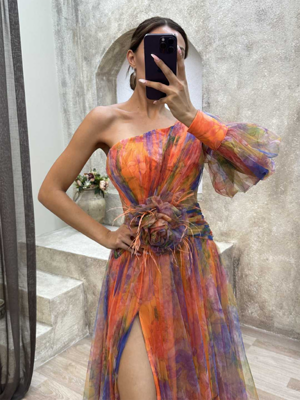 WW | Neue Party-Mesh-Schulter-Schlitzenkleid INS Lässige Modekleider