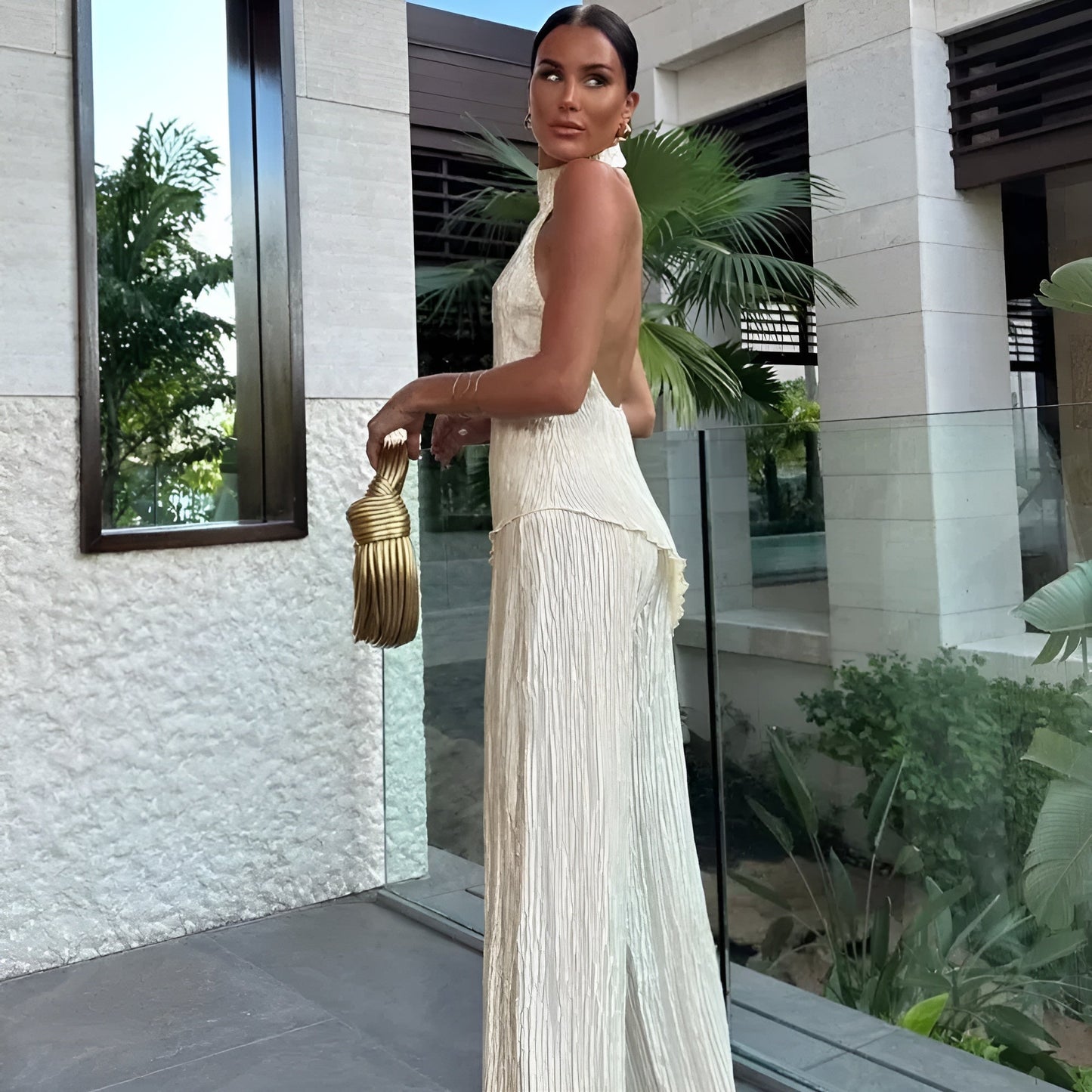 Hazel | Asymmetrisches Halter-Crop-Top mit weitem Hosen-Set