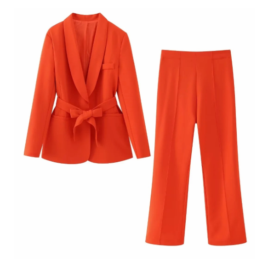 WW 2-Piece Women's Suit | Elegant Blazer with Belt and Matching Trousers