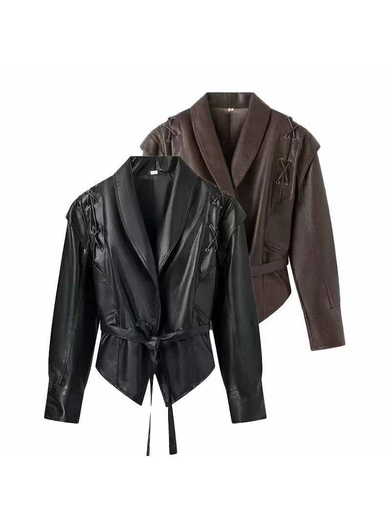 WW | Leder Schnür Lapel Kragen Blazer Jacke