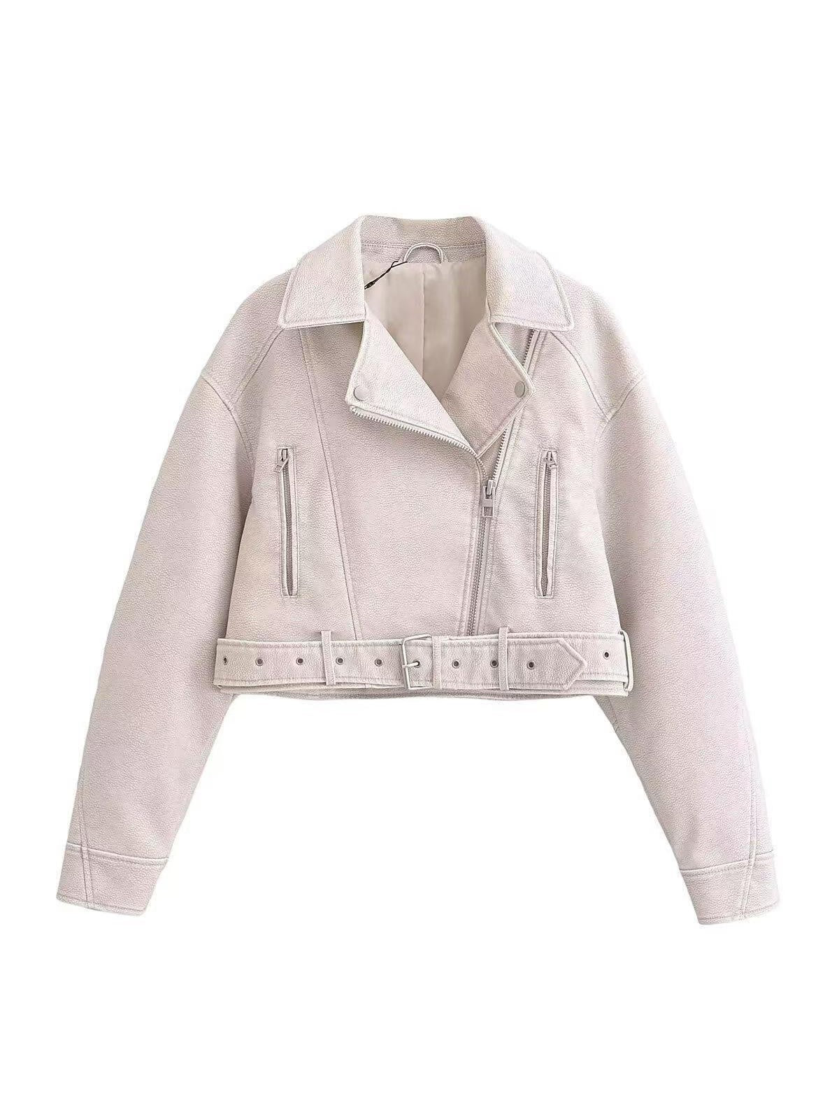 WW | Leder Reverskragen Cropped Jacke mit Gürtel