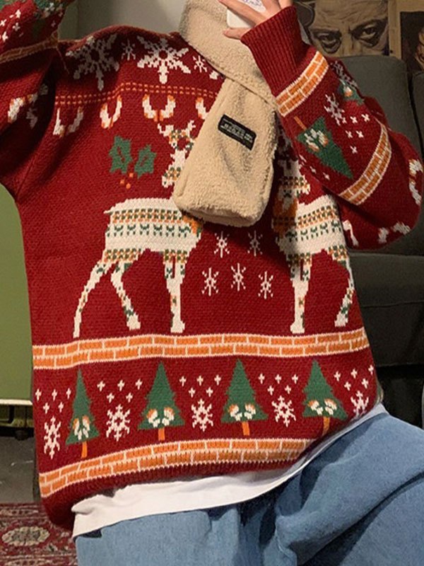WW | Vintage Crew Neck Pullover with Christmas Deer Print