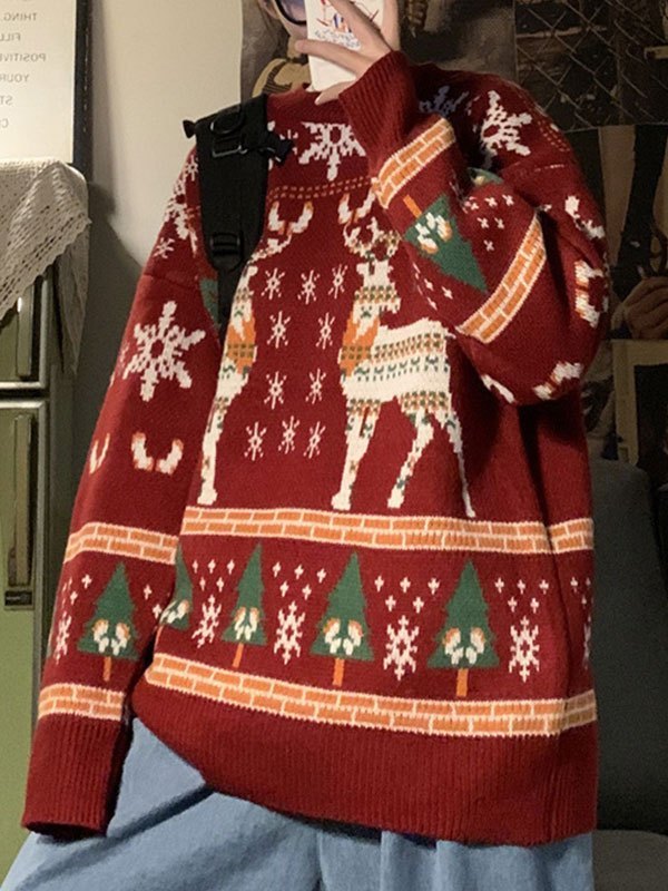 WW | Vintage Crew Neck Pullover with Christmas Deer Print