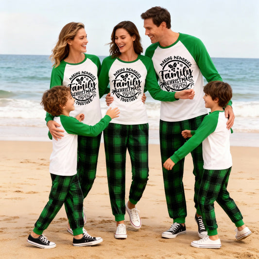 WW | Christmas Memories Together 2025 Print Green Rotator Cuffs Top With Green & Black Plaid Family Matching Pajamas With Dog