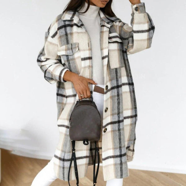 WW | Women's Plaid Jacket – Wool Blend – Oversized Fit – Knee Length – Button Closure