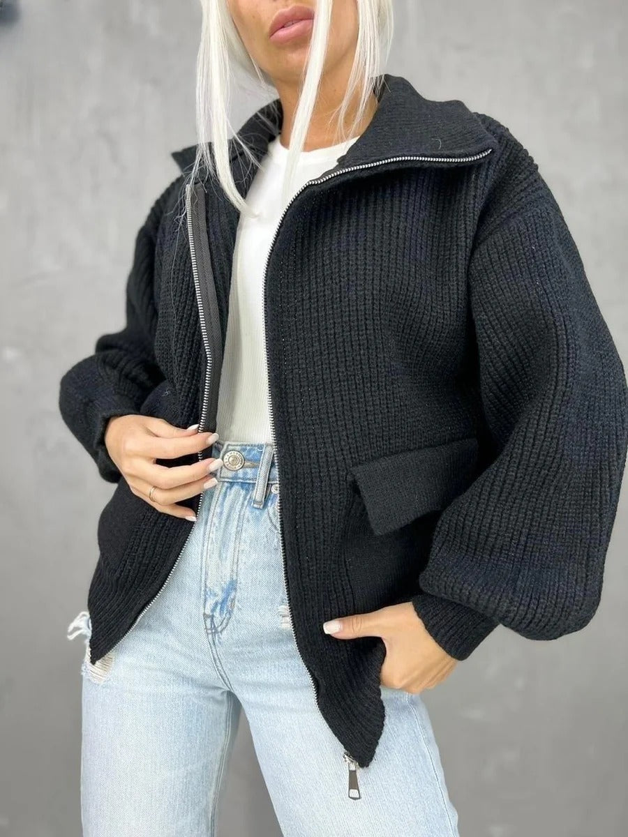 WW | Strickjacke Lockerer Schnitt Strickdesign Rippstruktur Reißverschluss Klapptaschen