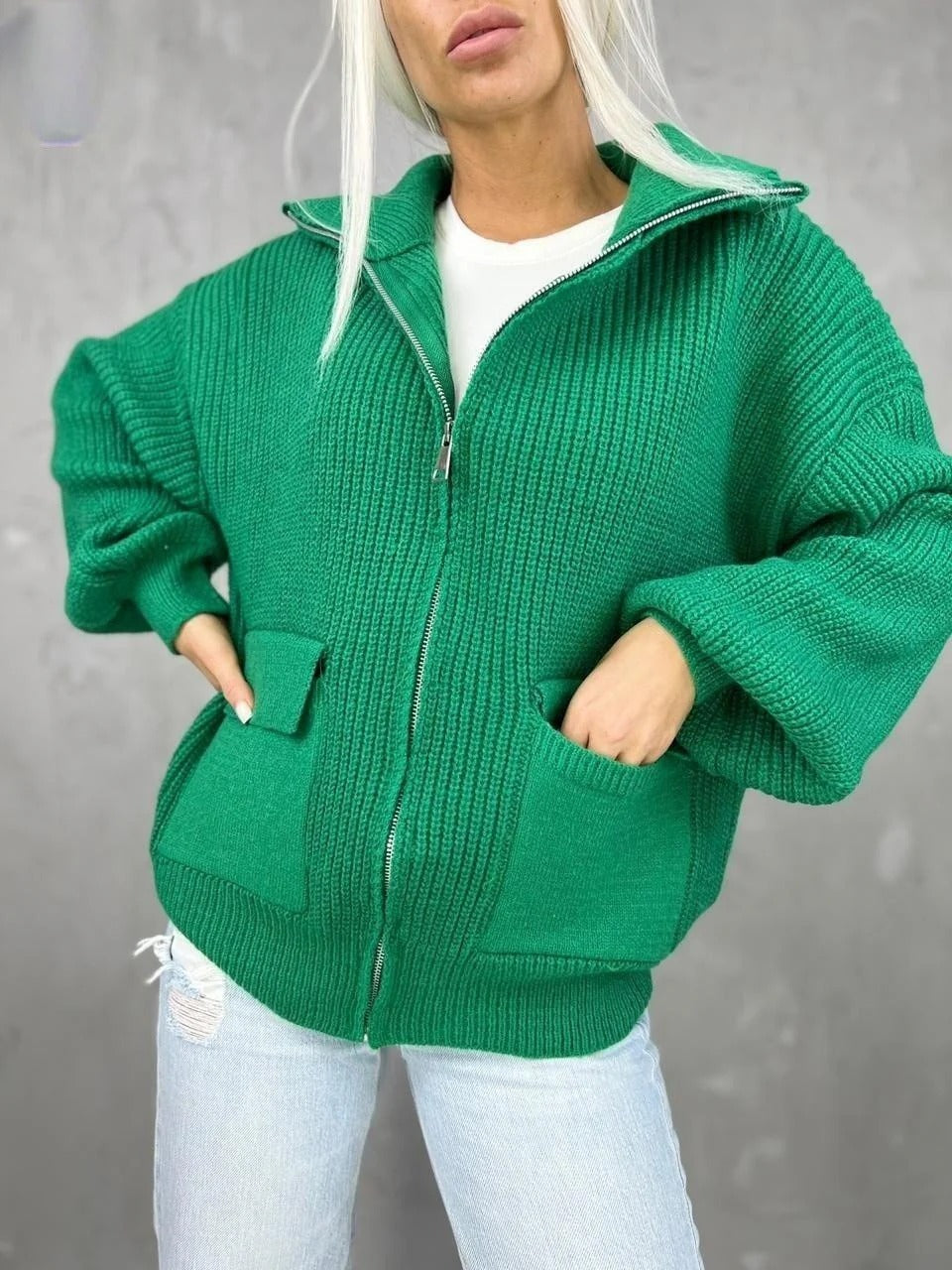WW | Strickjacke Lockerer Schnitt Strickdesign Rippstruktur Reißverschluss Klapptaschen