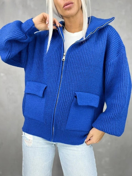 WW | Strickjacke Lockerer Schnitt Strickdesign Rippstruktur Reißverschluss Klapptaschen