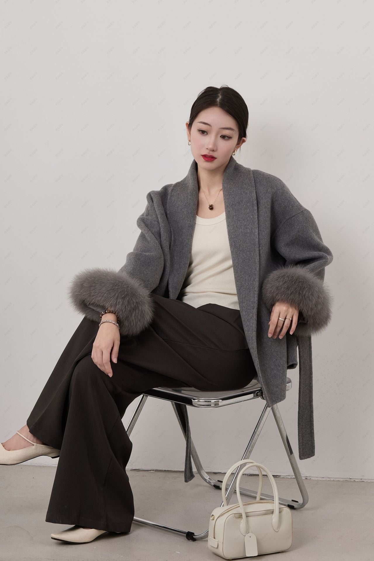 WW | Short coat Wrap style Wool blend Shawl collar Belt Detachable sleeve cuffs