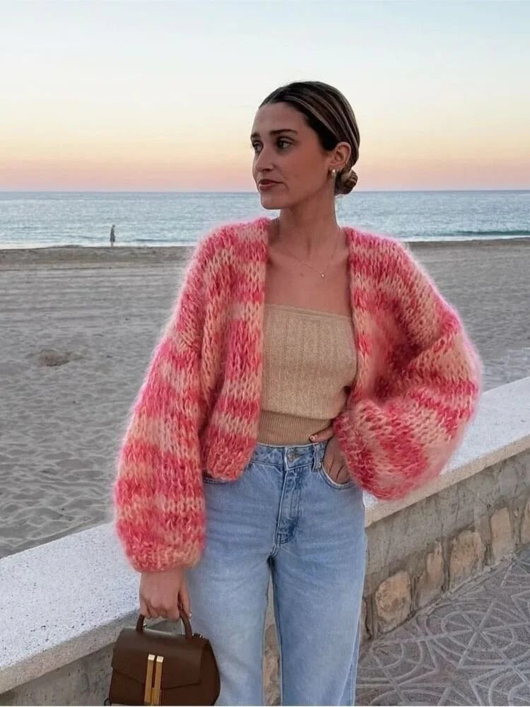 WW | Cardigan Wool Blend Cropped Fit Open Front Balloon Sleeves