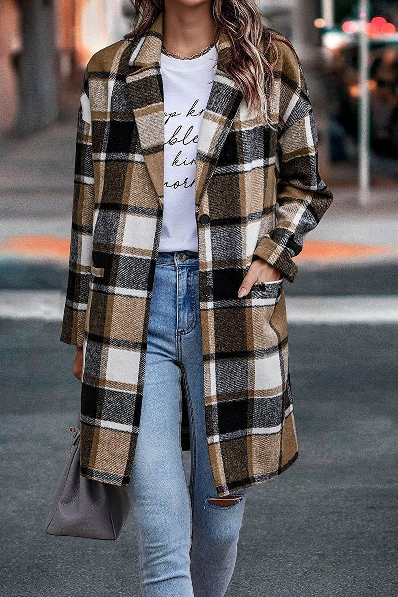 WW | Damen Wollmantel – Oversized Fit – Karomuster – Reverskragen – Mittlere Oberschenkellänge
