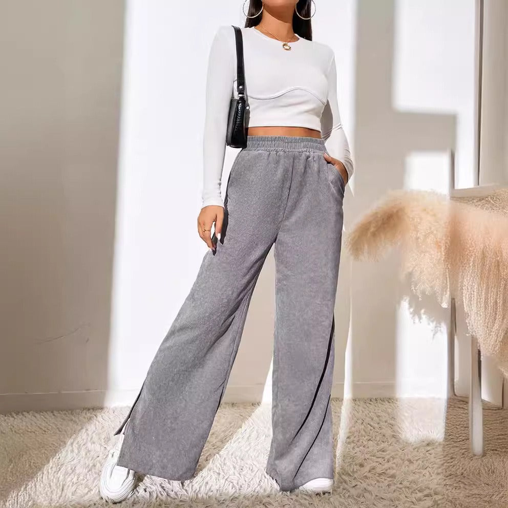 WW | Wide Leg Cord High Waist Elastic Waist Slit Hem