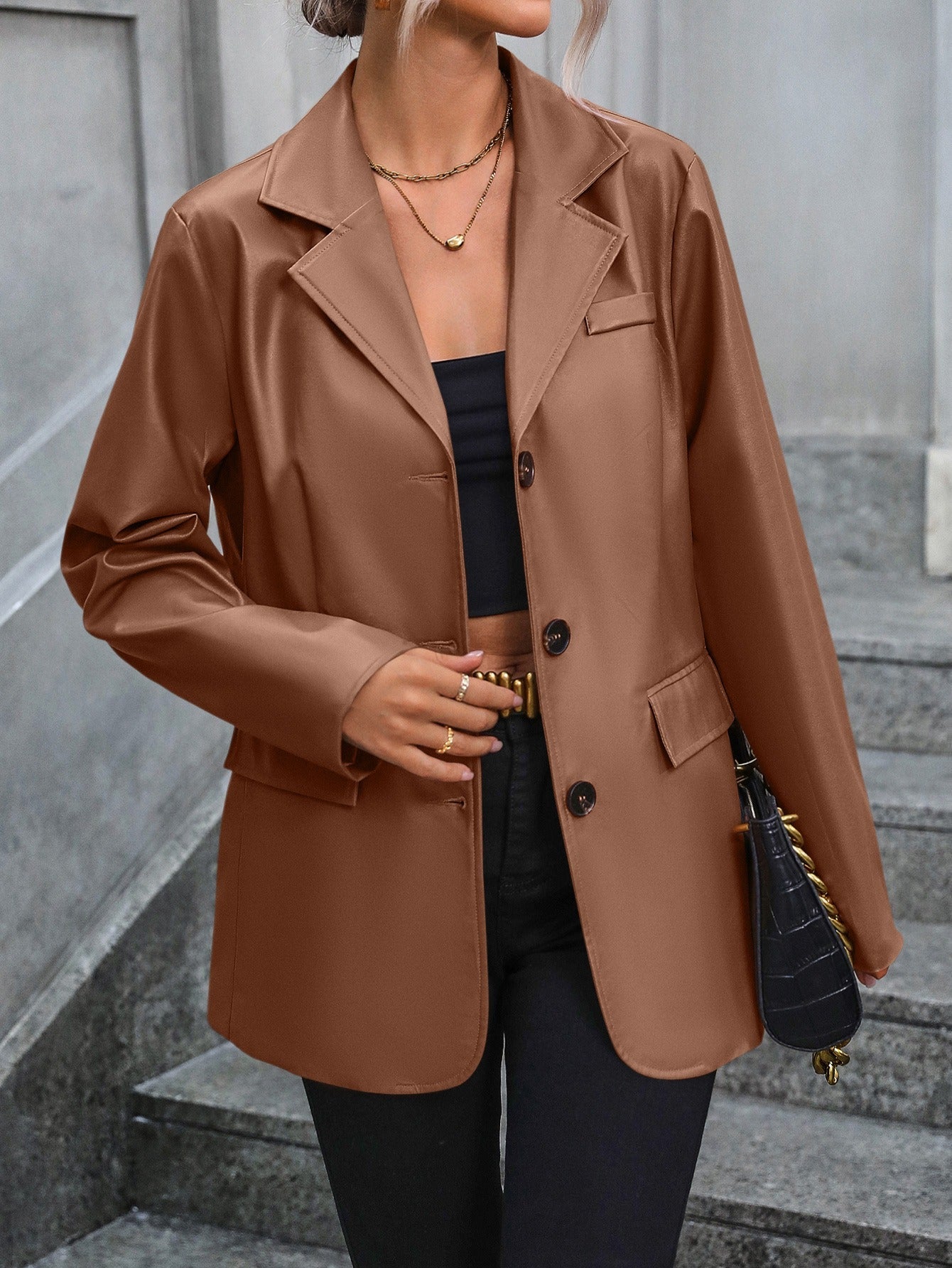 WW | Slim Fit PU Leather Single Breasted Classic Lapel