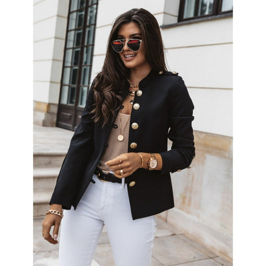 WW | Slim-Fit Double-Breasted Blazer Padded Shoulders Cotton Blend