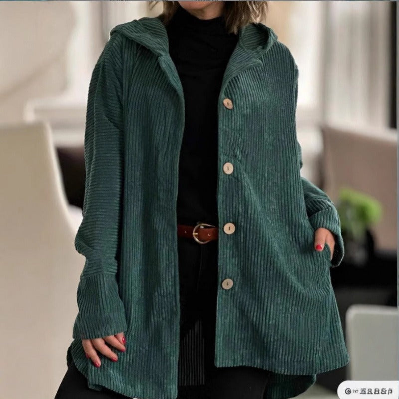 WW | Cord Casual Fit Hooded Knee Length with Buttons