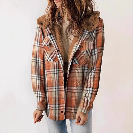 WW | Shirt Karierte Fleece-Futter Entspannte Passform Kapuze Knopf Vorderseite