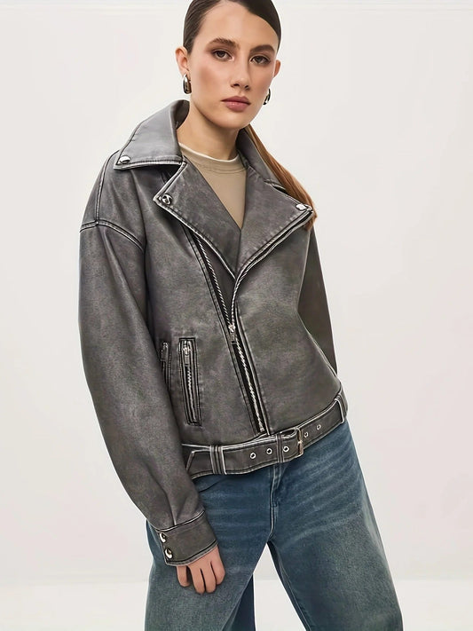 WW | Lederjacke Übergröße Passform Biker Stil Gürtel in Der Taille Reißverschluss Details