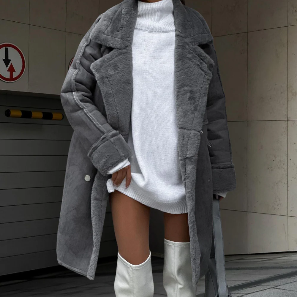 WW | Long Coat Oversize Fit Plush Texture Wide Lapels Full Length