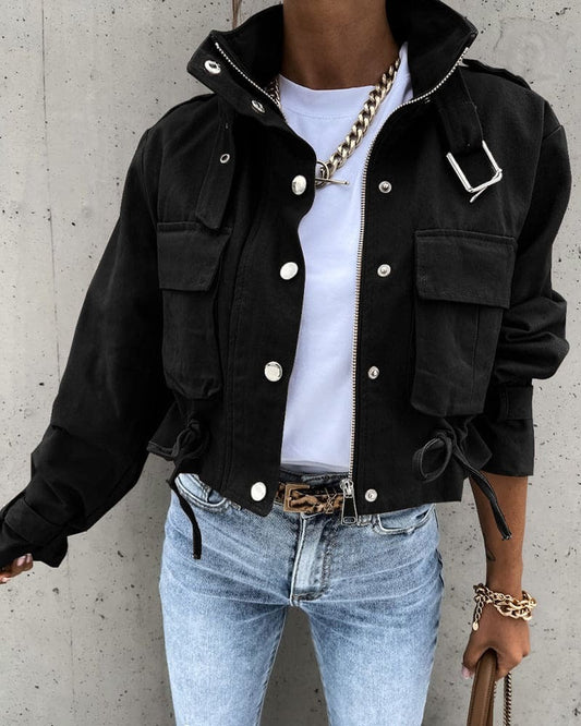 WW | Cropped Utility Design Jacket Relaxed Fit Drawstring and Flap Pockets