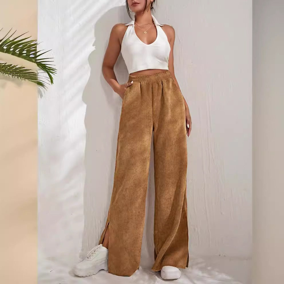 WW | Wide Leg Cord High Waist Elastic Waist Slit Hem