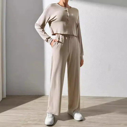 WW | Loungewear Satz Weicher Strick Kurzer Pullover mit Knöpfen Weite Hose
