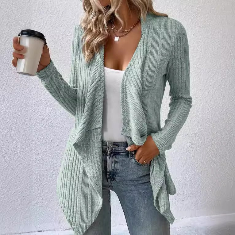 WW | Cardigan Wool Blend Relaxed Fit Rib Knit Open Draped Front