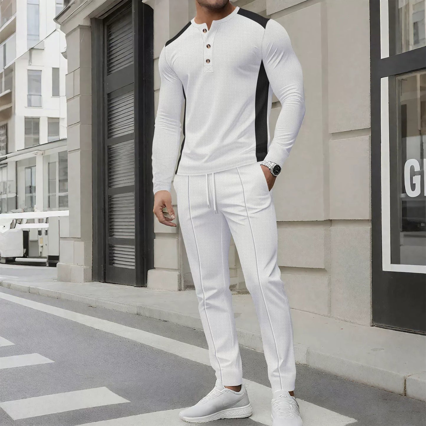 WW | Set with Henley Sweater and Slim Fit Waffle Knit Trousers Button Collar