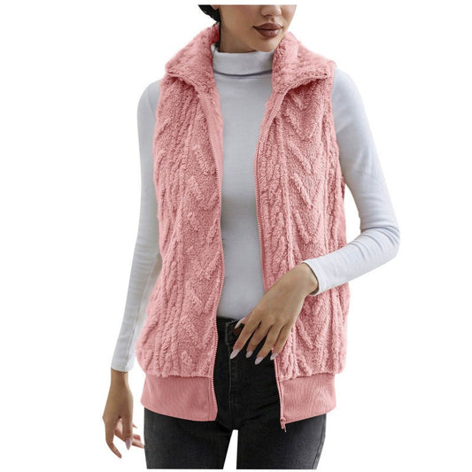 WW | Sleeveless Jacquard Fleece Zip-Up High Neck Relaxed Fit