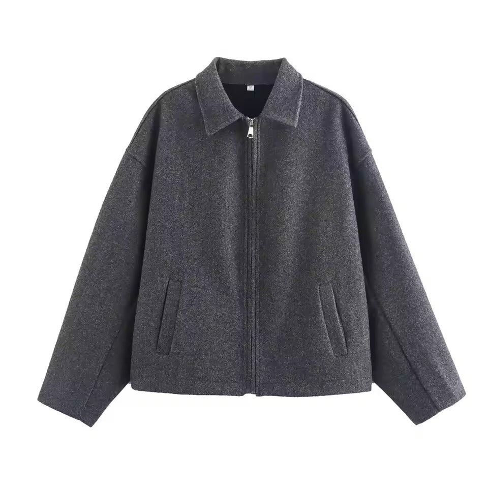 WW | Women's Jacket – Wool Blend – Loose Fit – Front Zipper – Lapel Collar – Waist Length