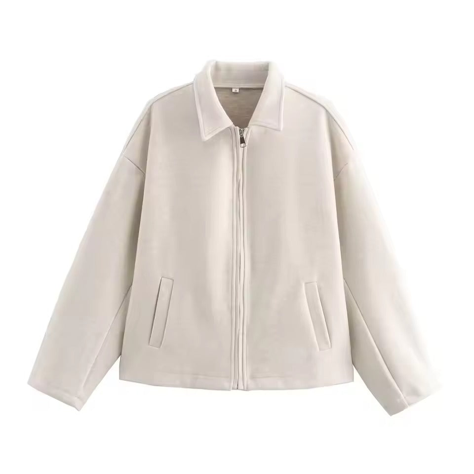 WW | Women's Jacket – Wool Blend – Loose Fit – Front Zipper – Lapel Collar – Waist Length