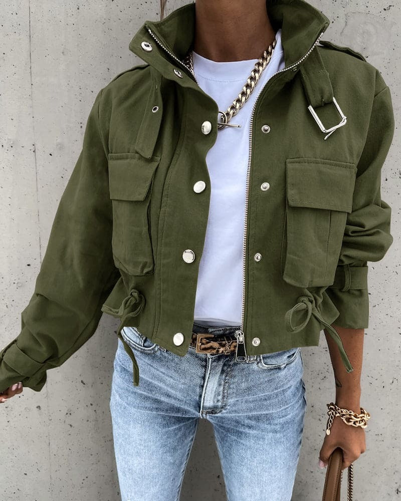 WW | Short Utility Jacket Cotton Blend Drawstring Waist Flap Pockets