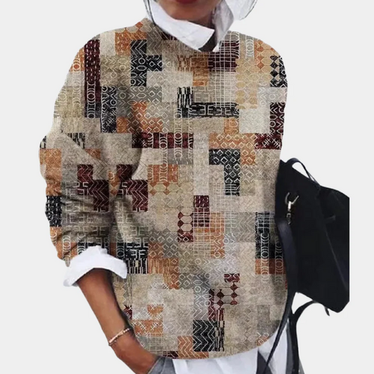 WW | Relaxed Fit Sweatshirt Knitted Geometric Pattern Crew Neck Long Sleeves