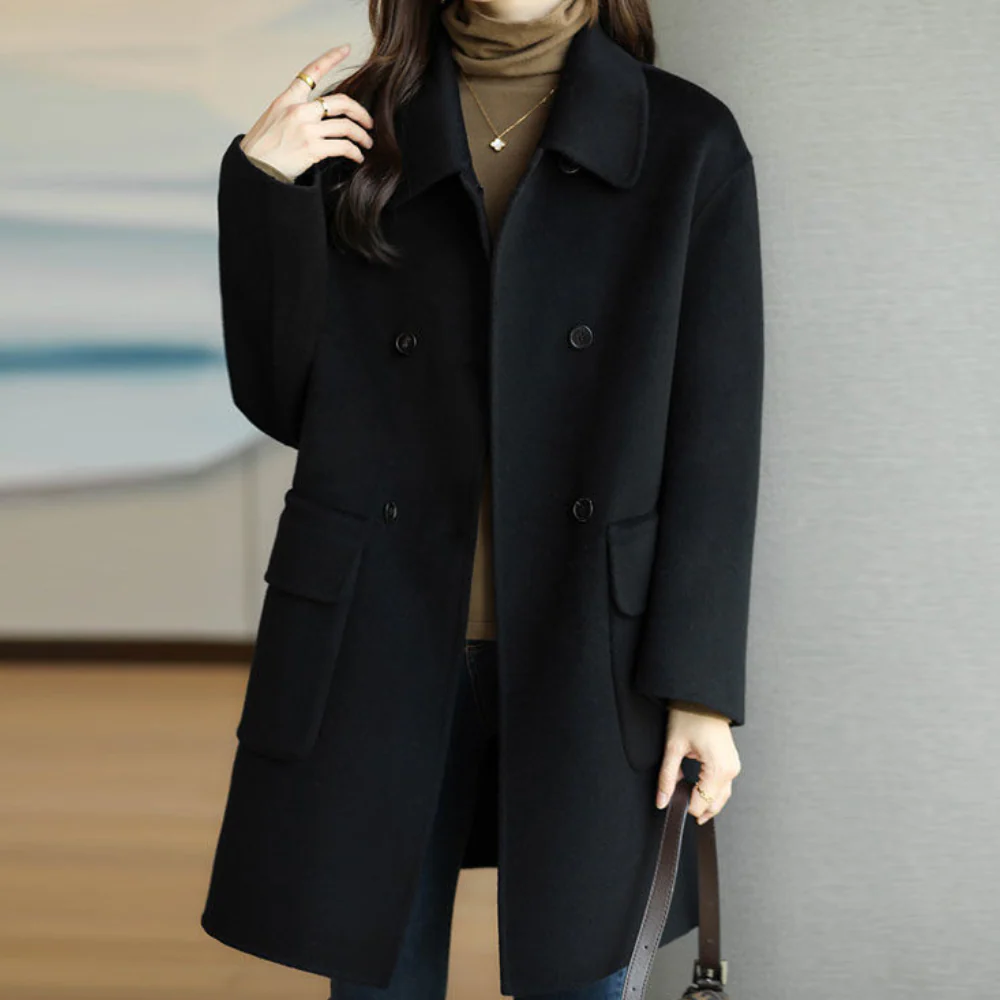 WW | Women's Double-Breasted Coat – Wool-Feel – Structured Fit – Lapel Collar – Mid-Length