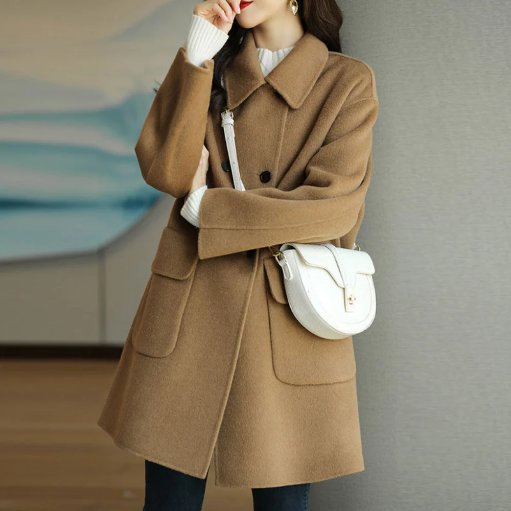 WW | Women's Double-Breasted Coat – Wool-Feel – Structured Fit – Lapel Collar – Mid-Length