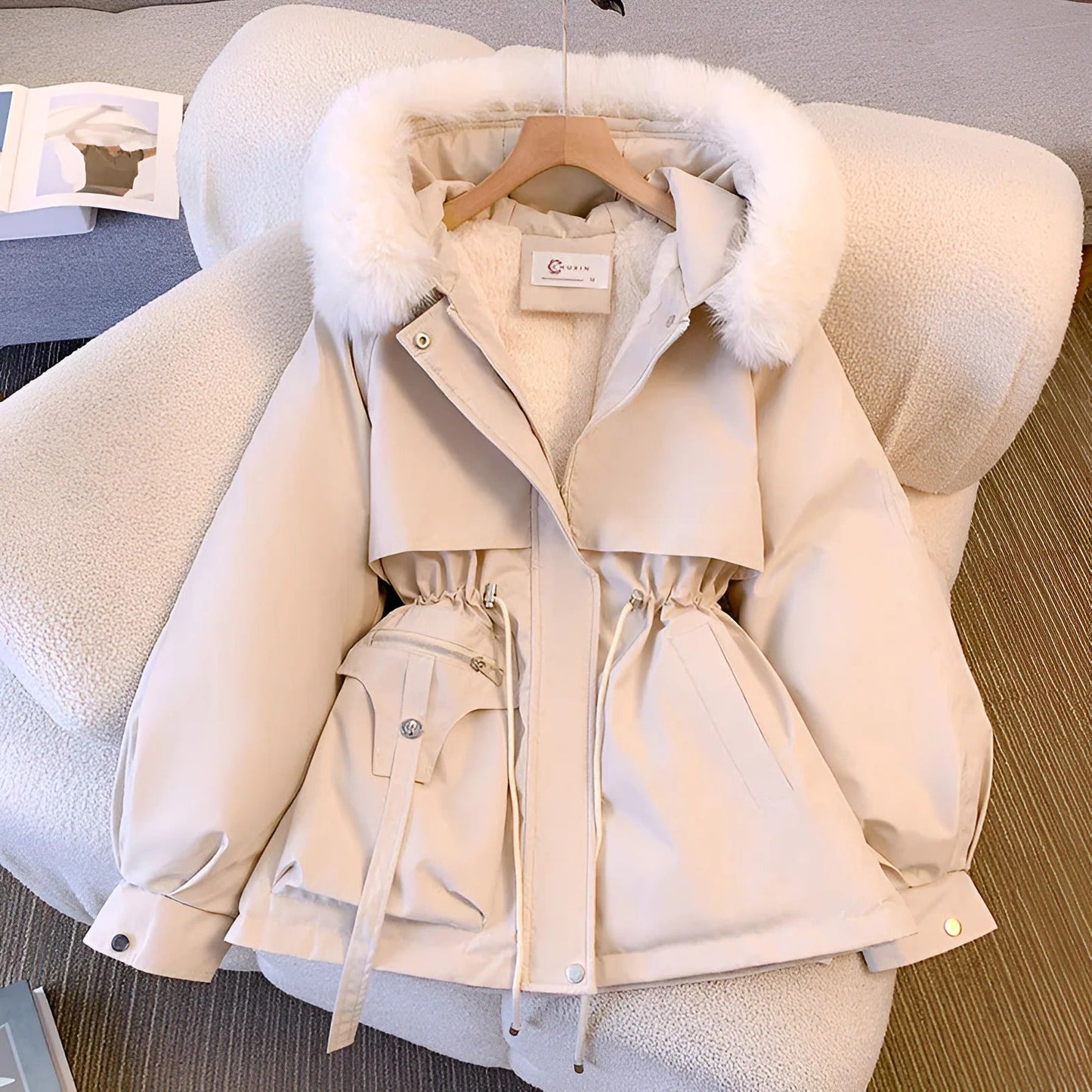 WW | Midi-length Close-fitting Faux fur hood Puffed sleeves Drawstring waist