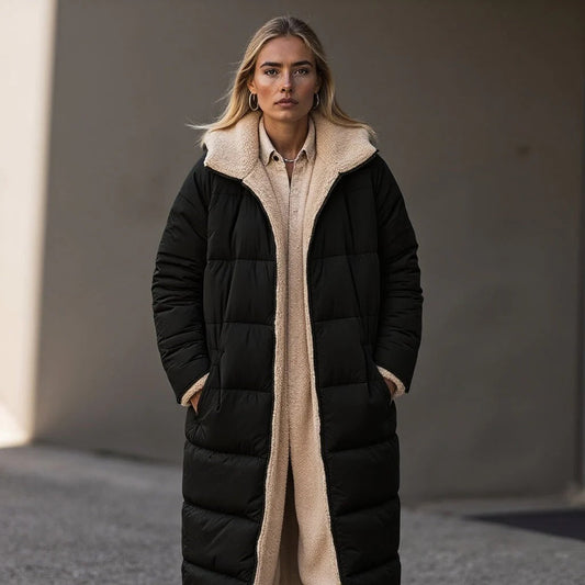 WW | Langer Gepolsterter Mantel Lockere Passform Fleece Kragen Verborgene Verschluss