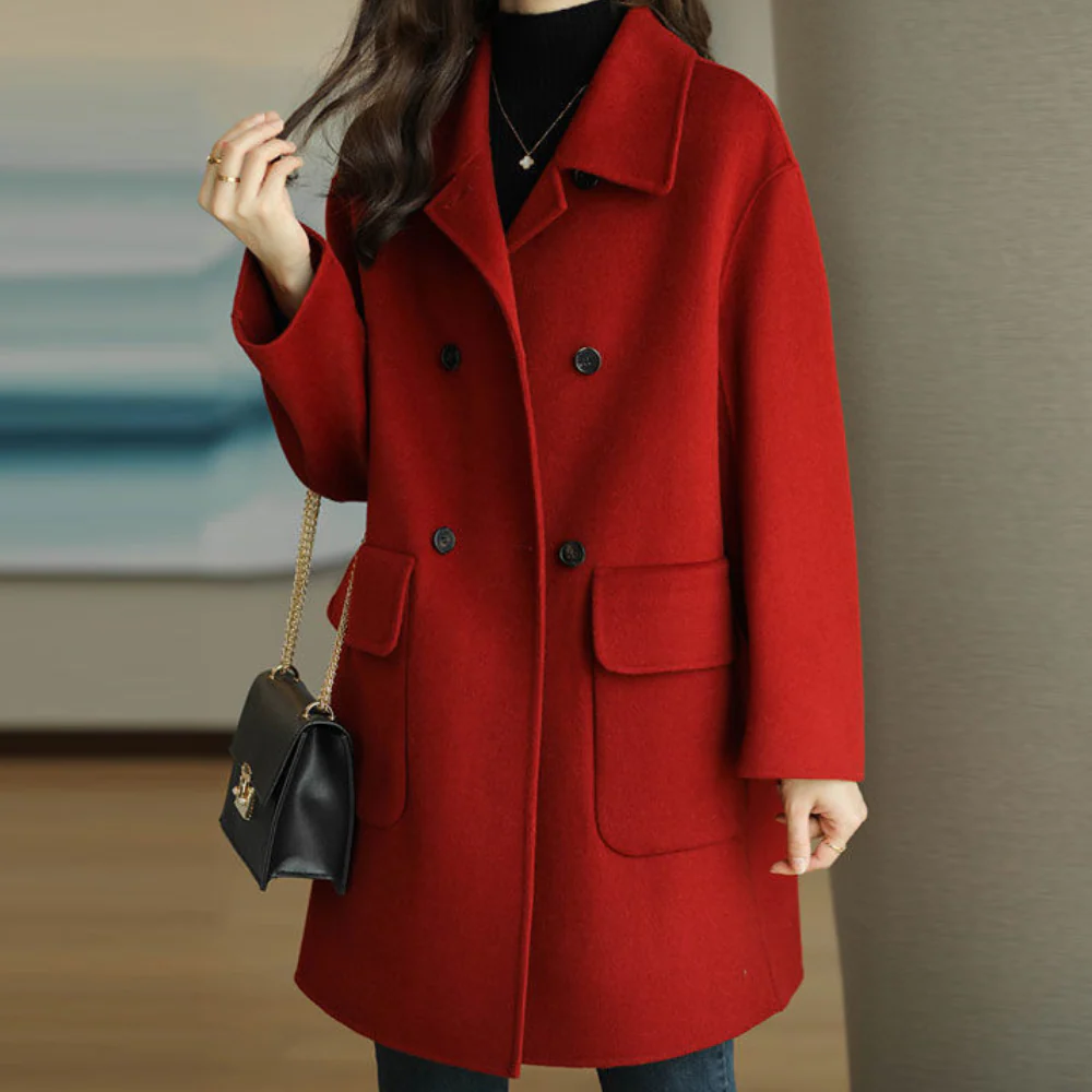 WW | Women's Double-Breasted Coat – Wool-Feel – Structured Fit – Lapel Collar – Mid-Length