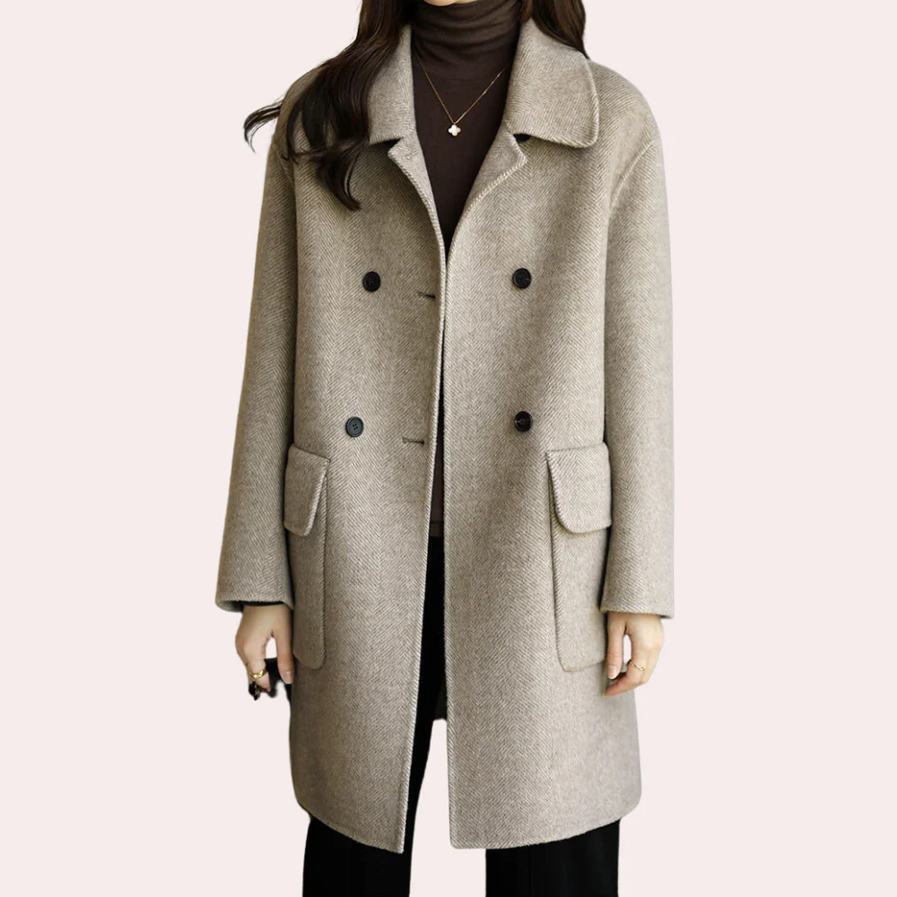 WW | Women's Double-Breasted Coat – Wool-Feel – Structured Fit – Lapel Collar – Mid-Length