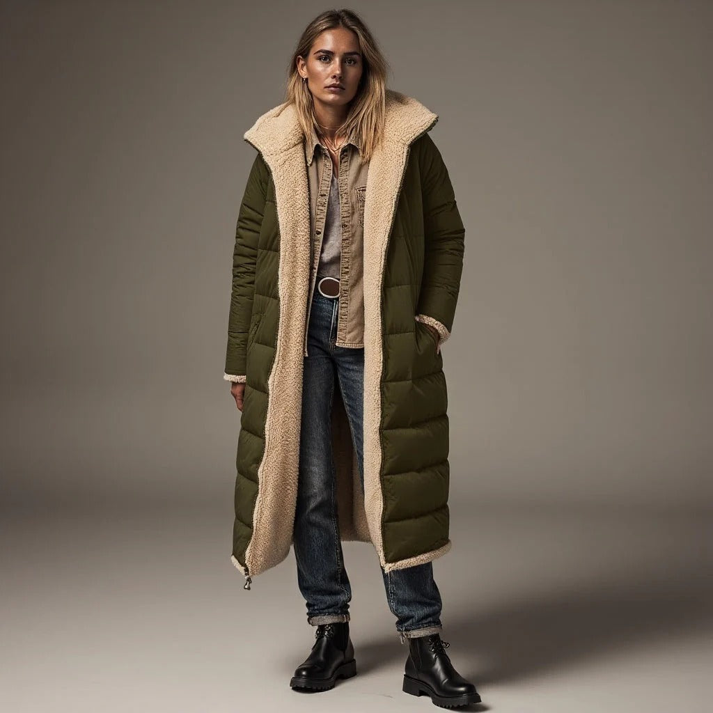 WW | Long Padded Coat Loose Fit Fleece Collar Concealed Fastening