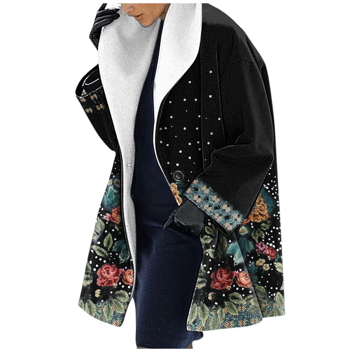WW | Women's Hooded Jacket – Wool – Loose Fit – Mid-Length – Ethnic Print Scarf Collar