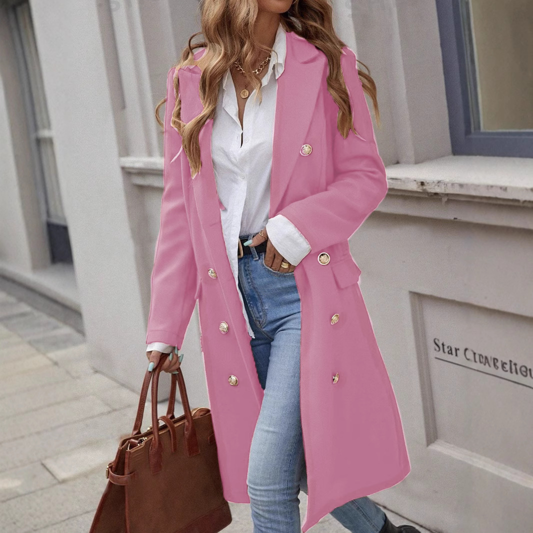 WW | Women's Long Overcoat – Tailored Fit – Wool Feel – Double-Breasted – Wide Lapel Formal Style
