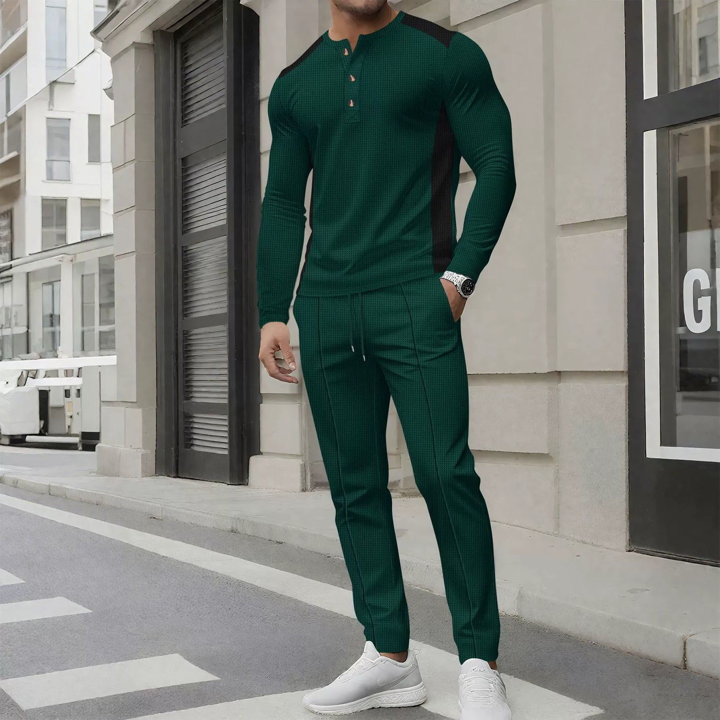 WW | Set with Henley Sweater and Slim Fit Waffle Knit Trousers Button Collar