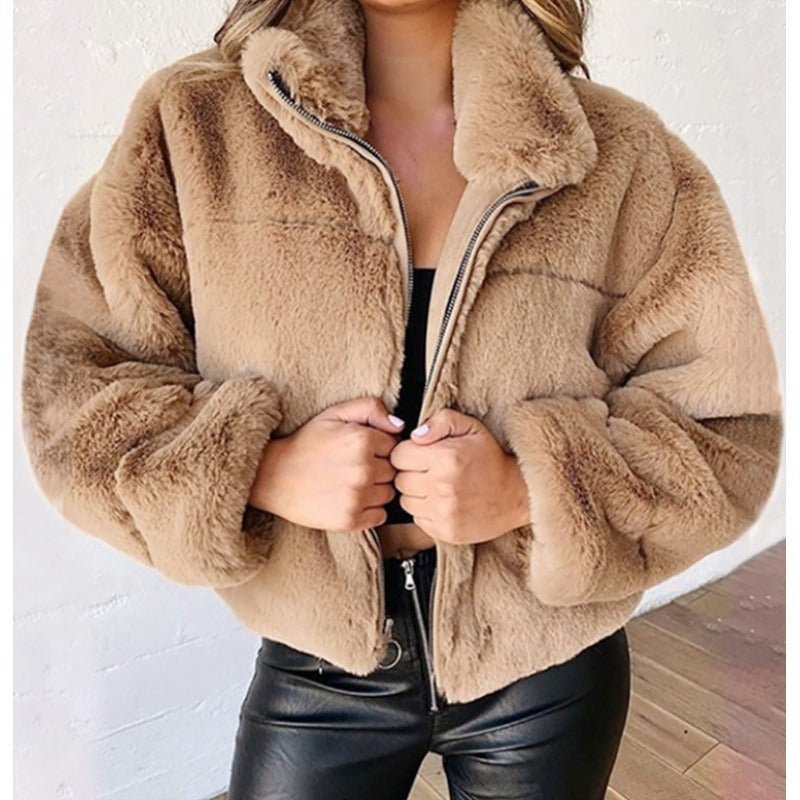 WW | Damen Kunstpelzmantel – Oversized Schnitt – Kurze Länge – Reißverschluss vorne – Hoher Kragen