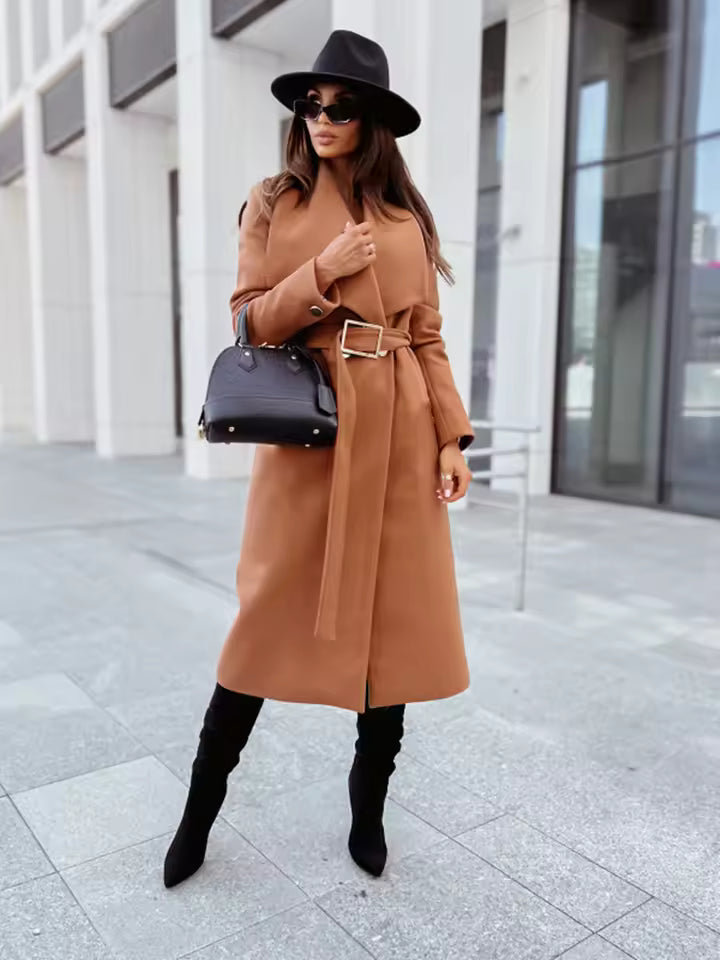 WW | Long jacket Wool blend Tailored Belt Button fastening V-neck